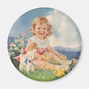 Vintage Påsk, flicka med Chick Lamb i Meadow Magnet
