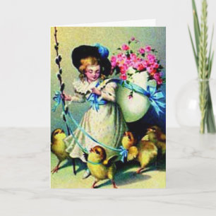 Vintage Påsk Girl and Baby Chicks Card Helgkort