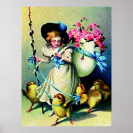 Vintage Påsk Girl and Baby Chicks Poster
