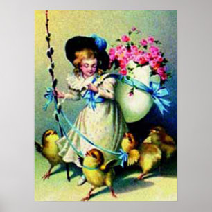 Vintage Påsk Girl and Baby Chicks Poster