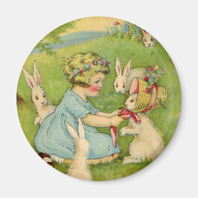 Vintage Påsk, Girl Bonnet på Bunny Rabbit Magnet (Framsidan)
