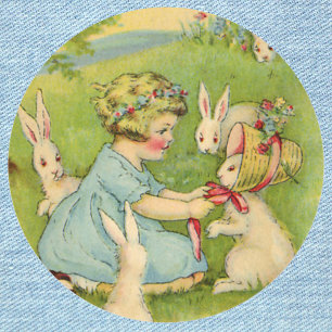Vintage Påsk, Girl Bonnet på Bunny Rabbit Runt Klistermärke