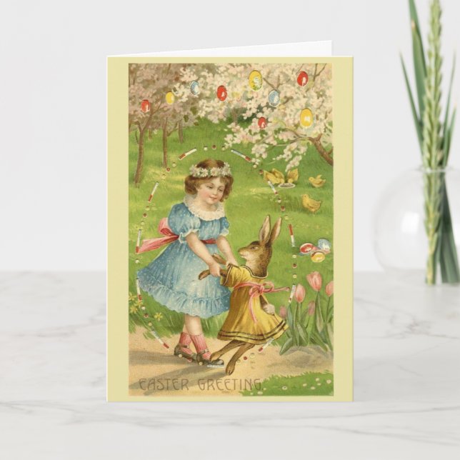 Vintage Påsk - Girl Dances with Bunny Helgkort (Framsida)