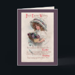 Vintage Påsk Girl in Bonnet Greeting Card Helgkort<br><div class="desc">Vintage undertecknade Ellen Clapsaddle Påsk-kortet med en underbar liten flicka som bar ett mycket stort Victorian Påsk Bonnet-kvarter som håller en fullt av blommor från Påsk Basket och en gammaldags Påsk hälsning.</div>
