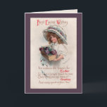 Vintage Påsk Girl in Bonnet Greeting Card Helgkort<br><div class="desc">Vintage undertecknade Ellen Clapsaddle Påsk-kortet med en underbar liten flicka som bar ett mycket stort Victorian Påsk Bonnet-kvarter som håller en fullt av blommor från Påsk Basket och en gammaldags Påsk hälsning.</div>