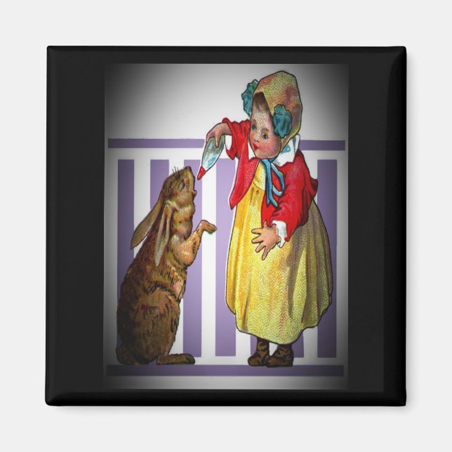 Vintage Påsk Girl Matar kanin ZSSG Magnet (Framsidan)
