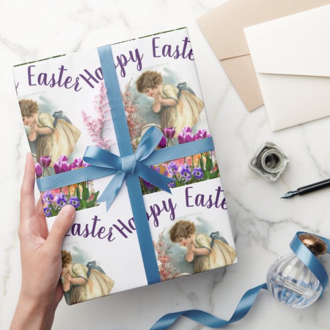 Vintage Påsk Girl med Tulip Flowers Presentpapper (Gifting)