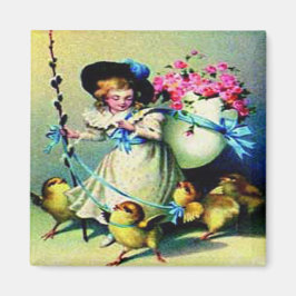Vintage Påsk Girl och Baby Chickar Magnet