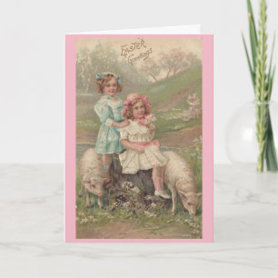 Vintage Påsk Girls & Lambs Helgkort