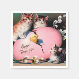 Vintage Påsk Hälsning Cats Chick och Påskägg Pappersservett
