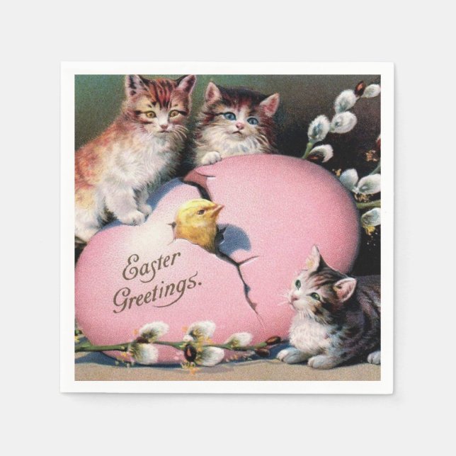 Vintage Påsk Hälsning Cats Chick och Påskägg Pappersservett (Framsidan)