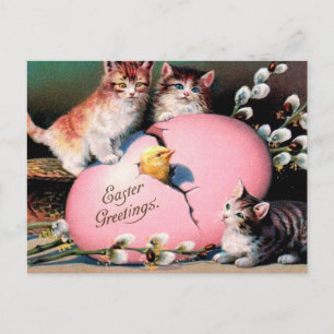 Vintage Påsk Hälsning Cats Chick och Påskägg Vykort