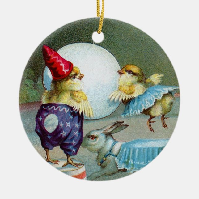 Vintage Påsk Hälsning Önskemål Chicks Circus Julgransprydnad Keramik (Framsidan)