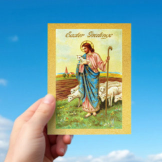 Vintage Påsk Hälsning Shepherd Sheep Lamb Jesus Vykort
