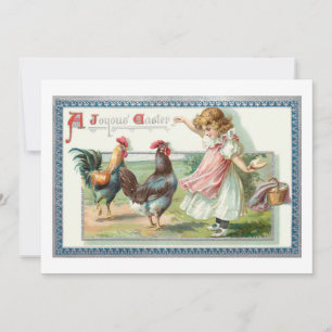Vintage Påsk Hen, Tupp & Girl Julkort