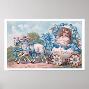Vintage Påsk Illustration med flicka och lamm Poster
