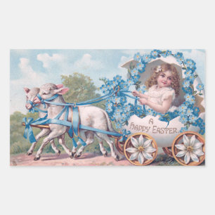 Vintage Påsk Illustration med flicka och lamm Rektangulärt Klistermärke