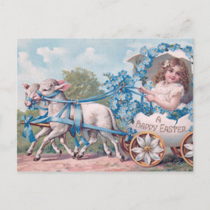 Vintage Påsk Illustration med flicka och lamm Vykort