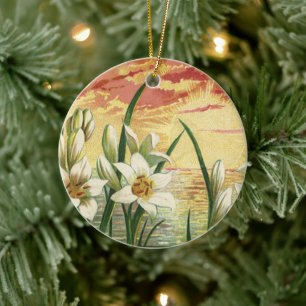Vintage Påsk Lilies Sunrise och Victorian Änglar Julgransprydnad Keramik