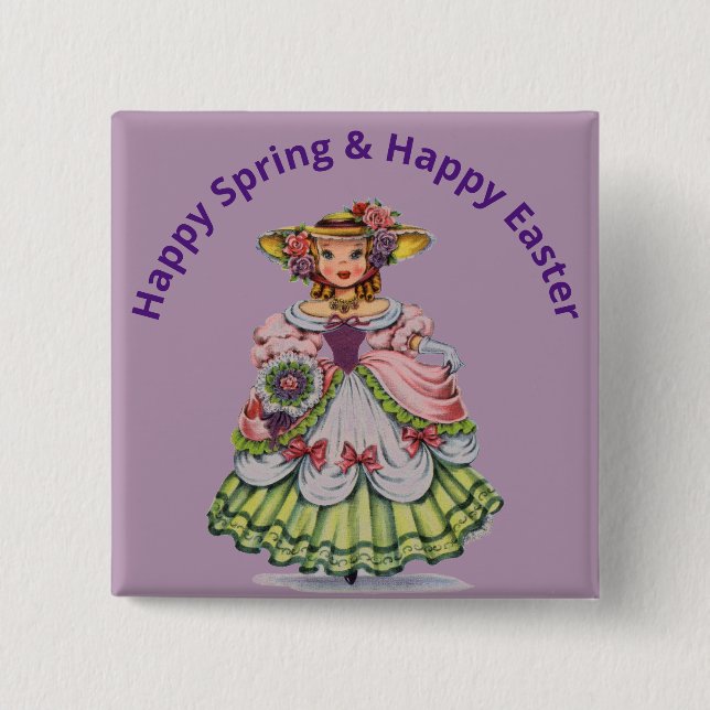 Vintage Påsk Miss Button Pin Knapp (Framsida)