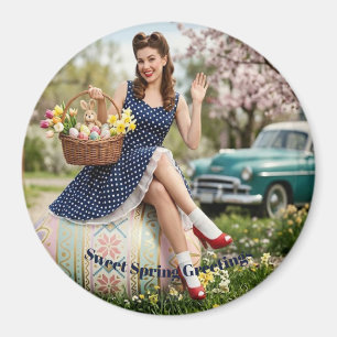 Vintage Påsk Pin-Up Magnet Söt Vår