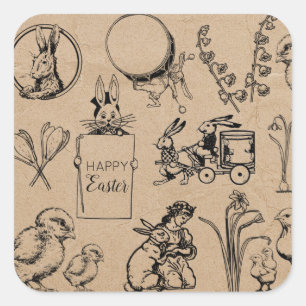 Vintage Påsk Rabbit & Chick Kraft Brown Fyrkantigt Klistermärke