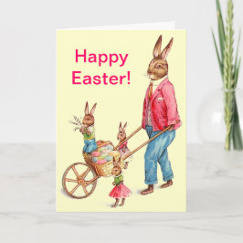 Vintage Påsk Rabbit Family Egg Cart Inside Quote Helgkort
