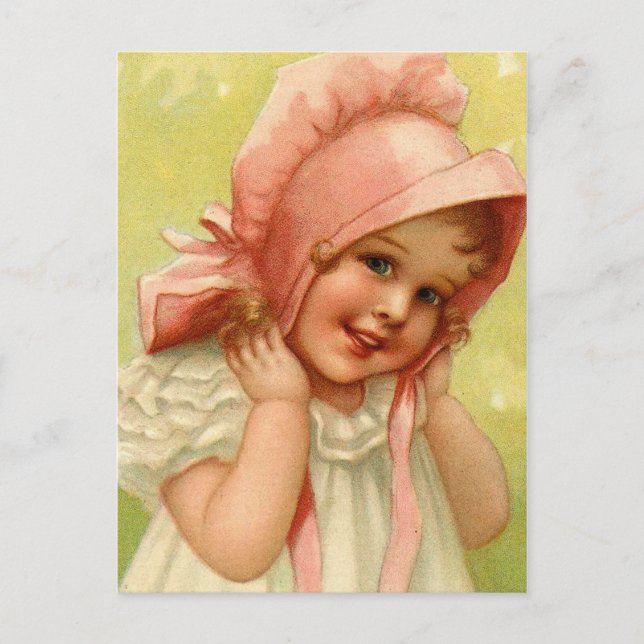 Vintage Påsk Rosa Bonnet Girl Helg Vykort (Framsida)