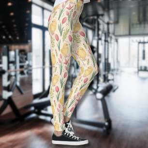 Vintage Påsk Söta Gula Kycklingar Röda Tulpaner Leggings