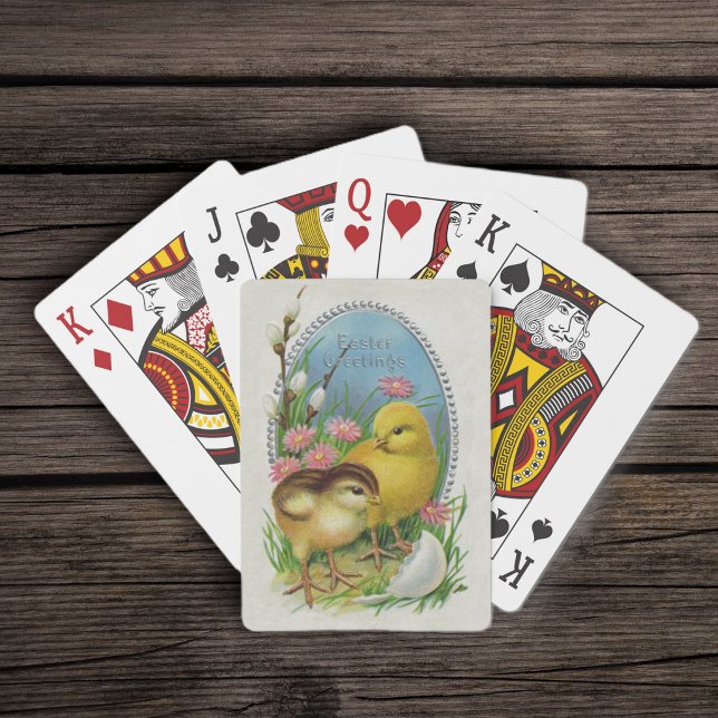 Vintage Påsk Vår Bebis Kycklingar Blommor Spelkort (Cute baby yellow chicks pretty flowers fancy blue frame on white Happy Easter deck of playing cards.)