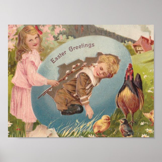 Vintage Påsk Victorian Girl & Boy Poster (Framsidan)