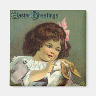 Vintage Påsk, Victorian Girl Bunny Rabbit Eggs Magnet