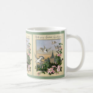 Vintage påsk, vita duvor fåglar och blommor kaffemugg