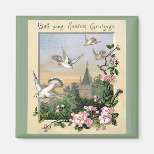 Vintage påsk, vita duvor fåglar och blommor magnet