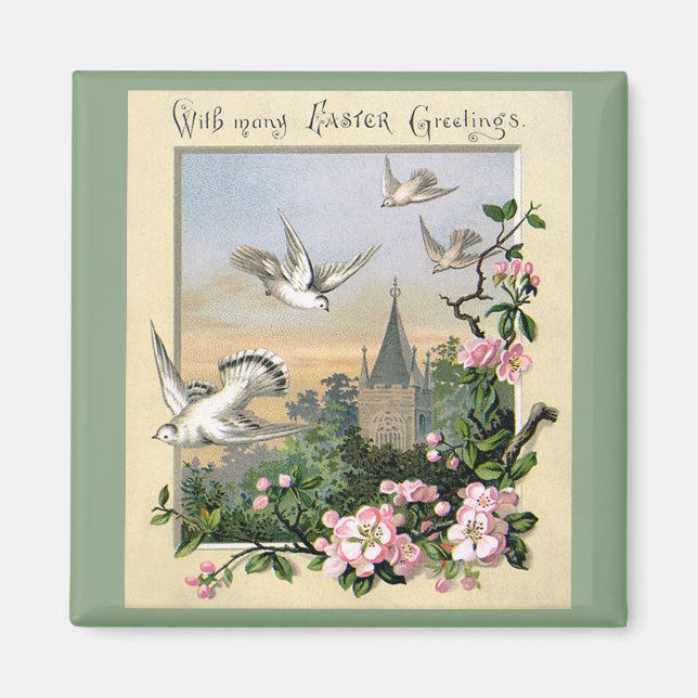 Vintage påsk, vita duvor fåglar och blommor magnet (Framsidan)