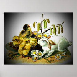 Vintage Påsk White Rabbit & Baby Chickar, ZSSG Poster