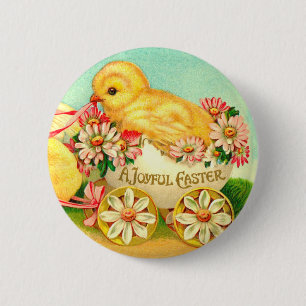 Vintage Påskägg Chick Carriage Blommigt Flowers Knapp