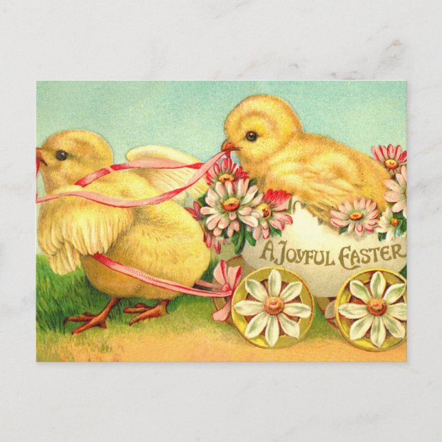 Vintage Påskägg Chick Carriage Blommigt Flowers Vykort (Framsida)