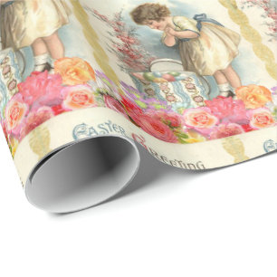 Vintage Påskägg Cute Lycklig Little Girl Basket Presentpapper