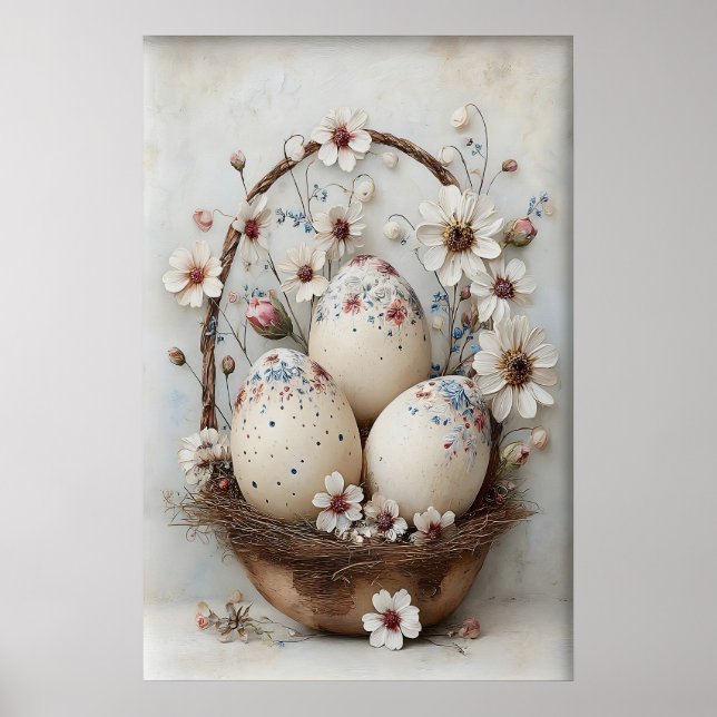 Vintage påskblomma korg ägg tryck, bondgård poster (Framsidan)