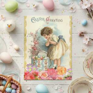 Vintage Påskhälsningar Vårflicka Ägg Blommor Vykort