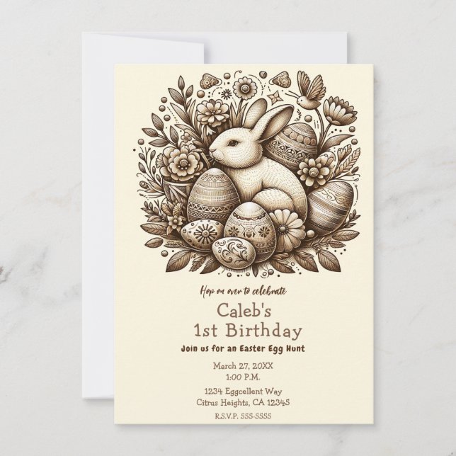 Vintage Påskhare Flowers & Eggs 1:a födelsedag Inbjudningar (Framsida)