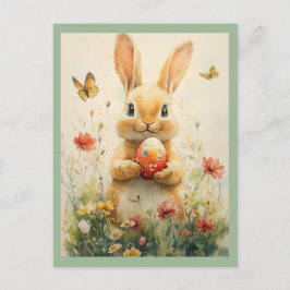 Vintage Påskhare Holding Egg in Wildblommor Helg Vykort
