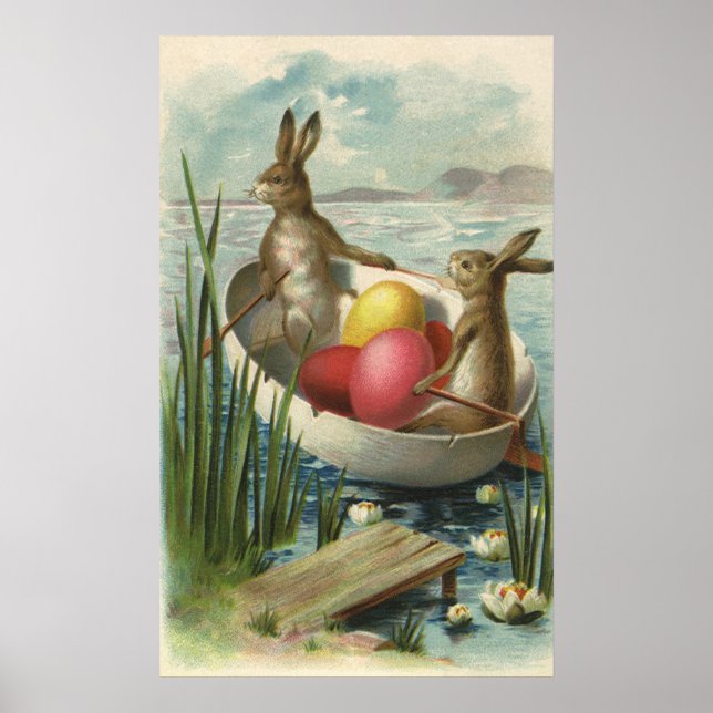 Vintage Påskhare i en Boat med Påskägg Poster (Framsidan)