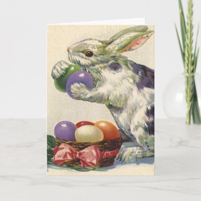 Vintage Påskhare med Påskägg i Basket Helgkort (Framsida)