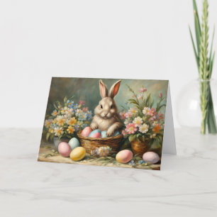Vintage Påskhare med Påskägg och blommor Helgkort