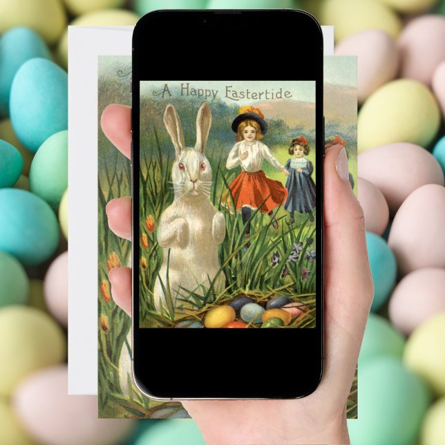 Vintage Påskhare och Barn Lycklig Eastertid Julkort (Skapare uppladdad)