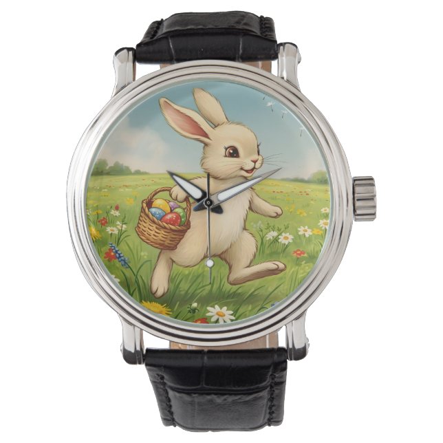 Vintage påskhare på våräng armbandsur (Framsida)