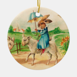 Vintage Påskhare Riding Lambs Hälsning Julgransprydnad Keramik