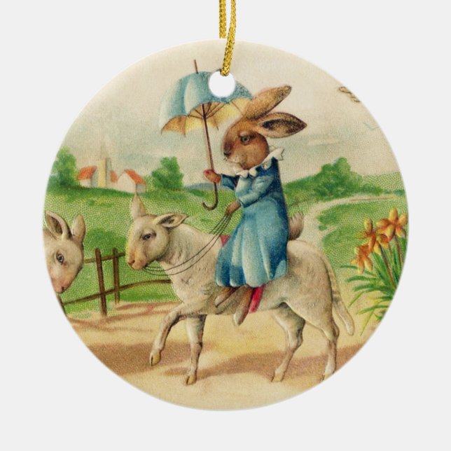 Vintage Påskhare Riding Lambs Hälsning Julgransprydnad Keramik (Framsidan)